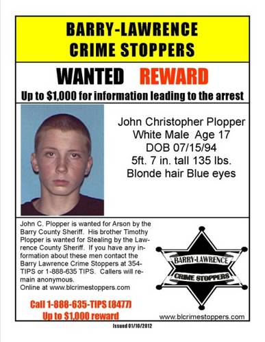 Wanted poster for John Christopher Plopper, white male age 17, DOB 07/15/94, 5ft 7in tall 135 pounds, blonde hair blue eyes