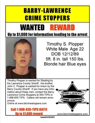Wanted poster for Timothy Plopper, white male age 22, DOB 12/12/89, 5ft 8in tall, 150 pounds, blonde hair blue eyes