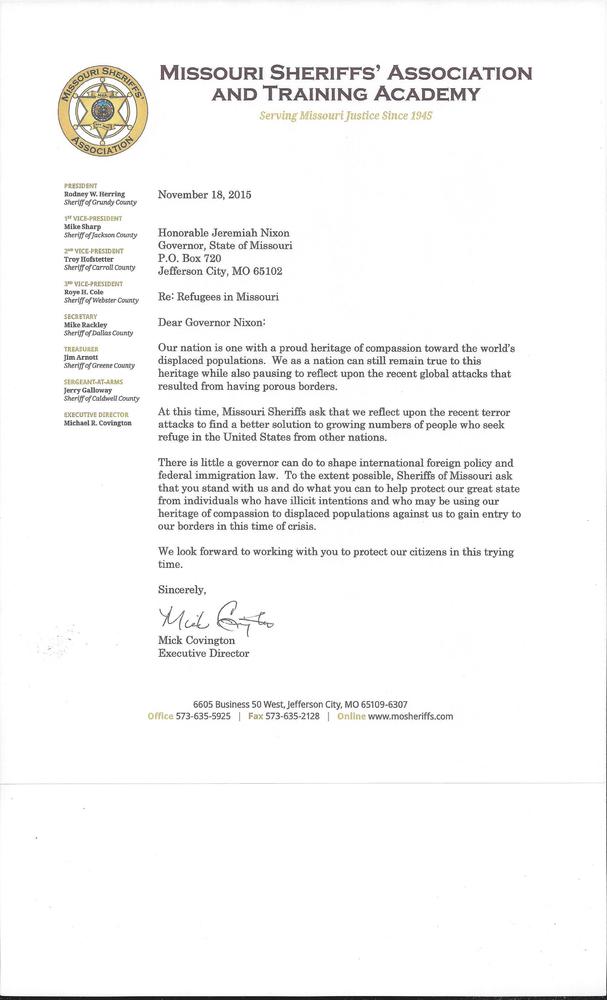 Missouri Sheriffs Letter sent to the Governor