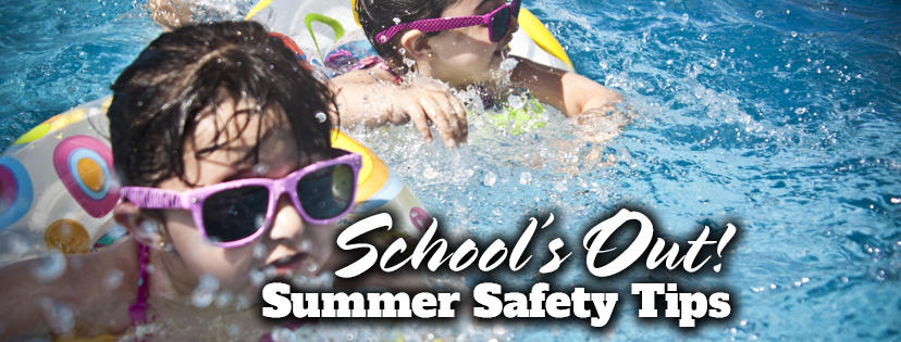 Schools Out summer safety words with children swimming